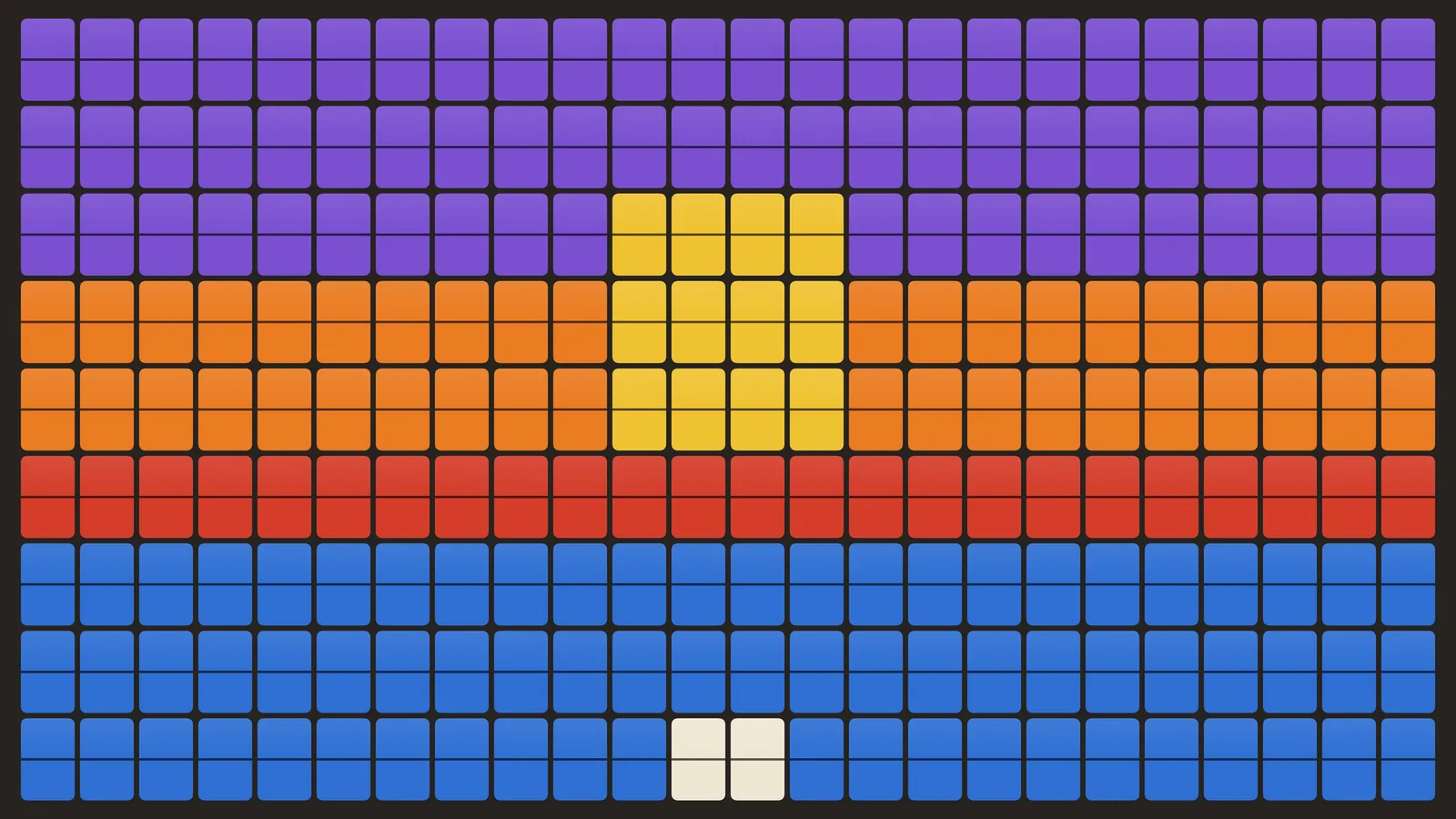 The board on a TV as a picture made of colored tiles: a sunset in purple, orange, yellow, red and blue bands